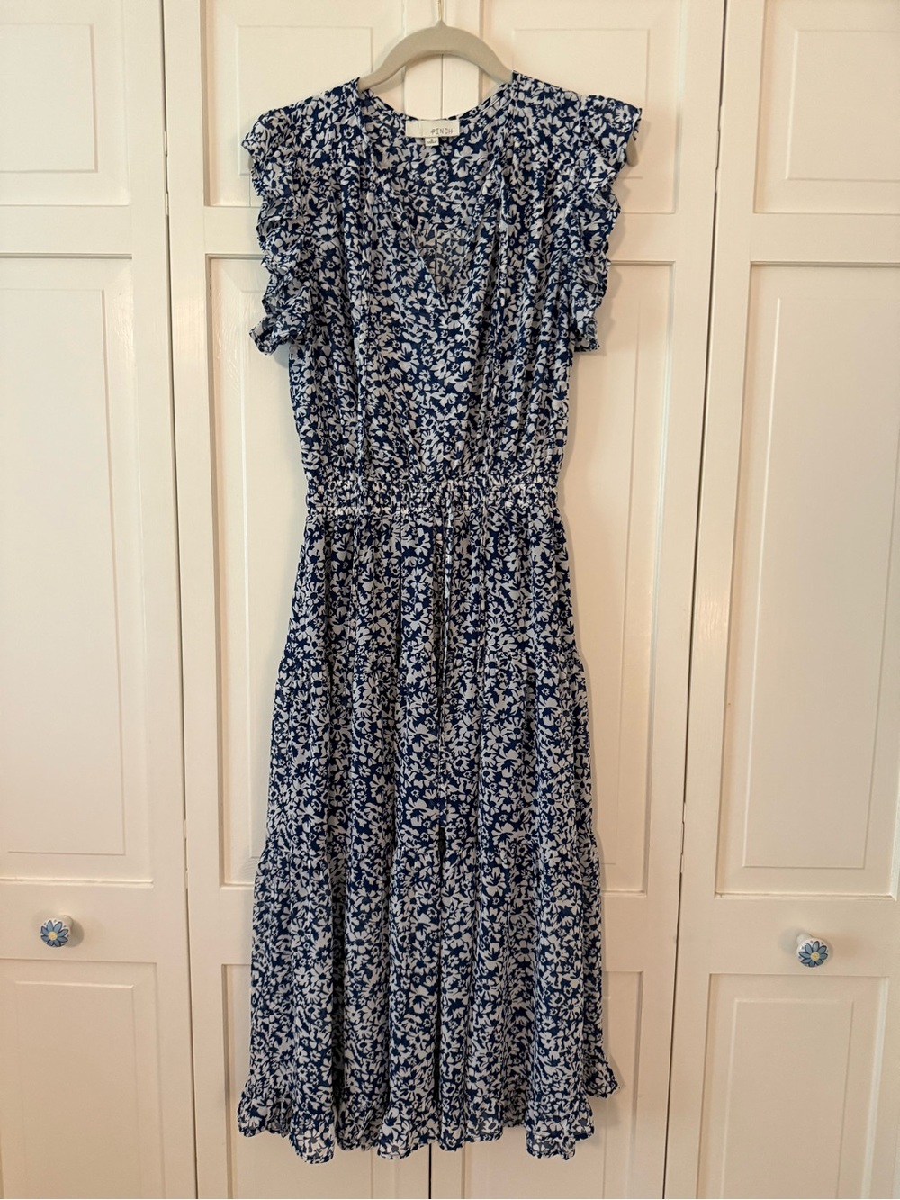 Pinch Navy and White Floral Maxi Dress with Ruffle Sleeves